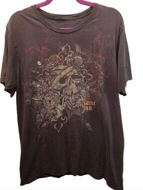 Y2K Miami Ink Skull Roses Tattoo Graphic T Shirt Faded Distressed 21" P2P